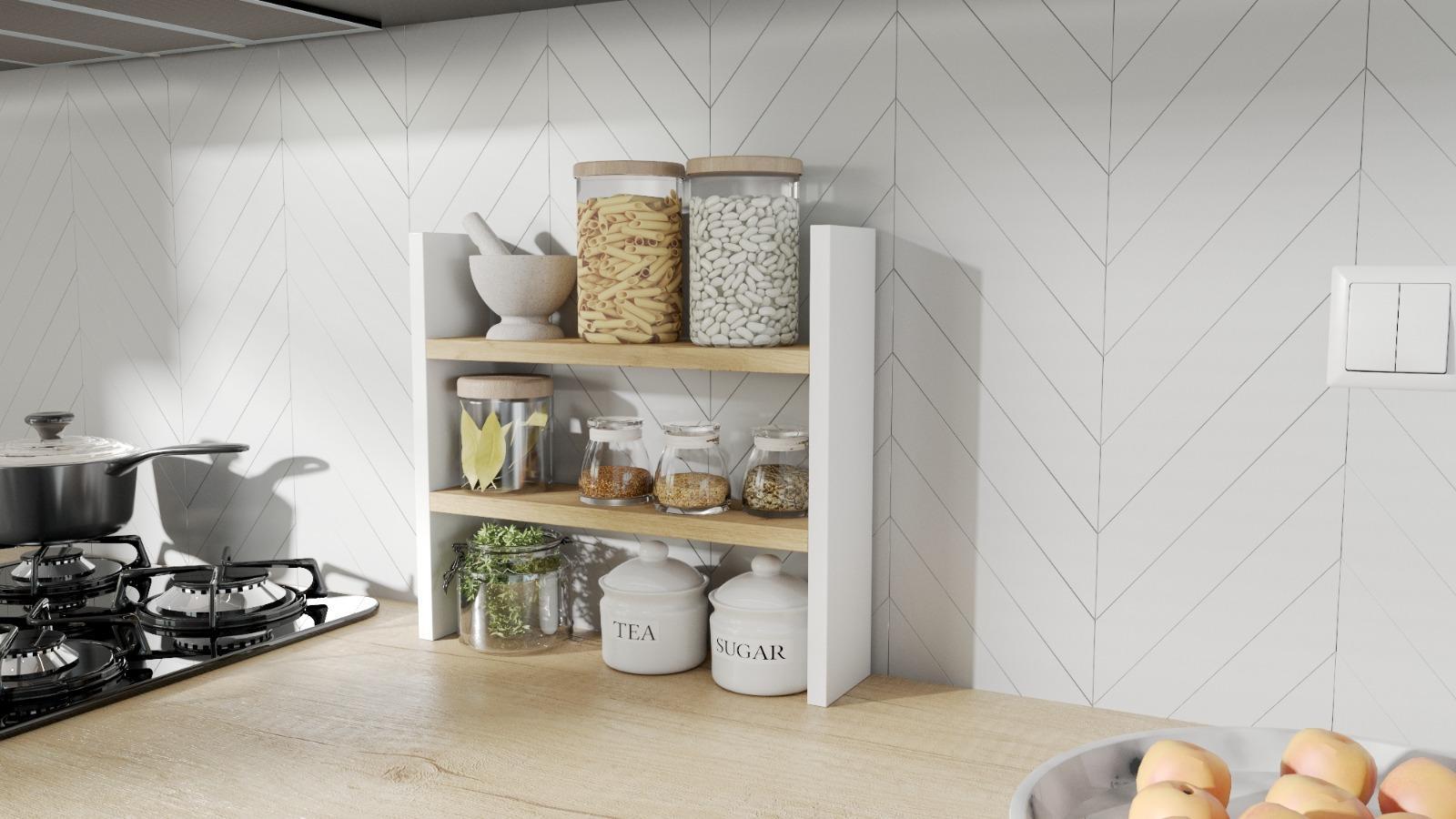 Półka kuchenna 40x44x10 cm biała z drewnianymi półkami do kuchni  0 Full Screen