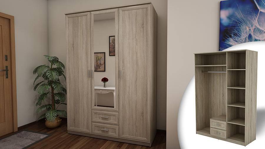 Szafa 3-drzwiowa z lustrem do sypialni szuflady Dąb Lefkas 150x210x56cm nr. 1