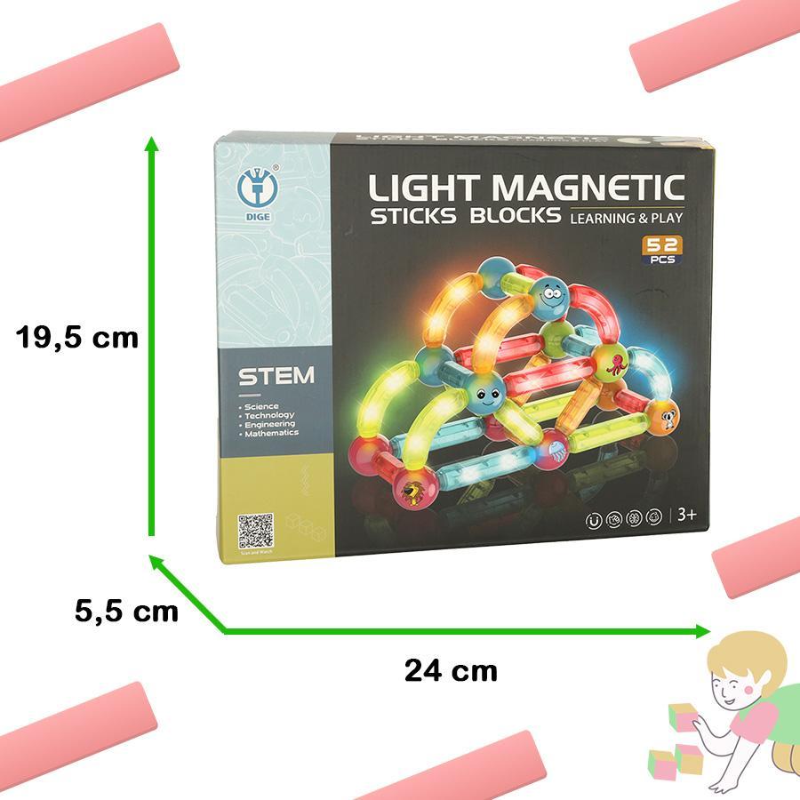 Klocki magnetyczne LED kolorowe magnetic sticks duże patyczki świecące dla małych dzieci 52 elementy 24x19,5x5,5 cm  1 Full Screen