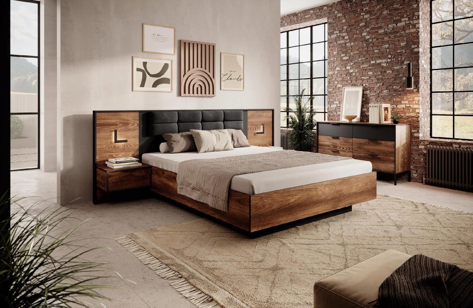 Łóżko ze stolikami 160x200 cm ze schowkiem na pościel system milton chestnut / antracyt do sypialni nr. 10