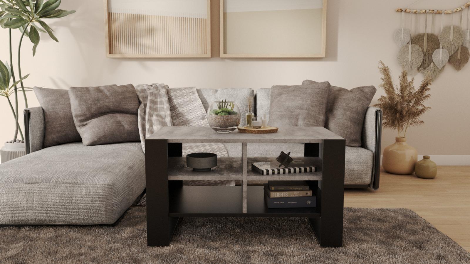 Ława Figa 100x53,6x50 cm beton czarny z pólkami elegancki stolik kawowy do salonu  0 Full Screen