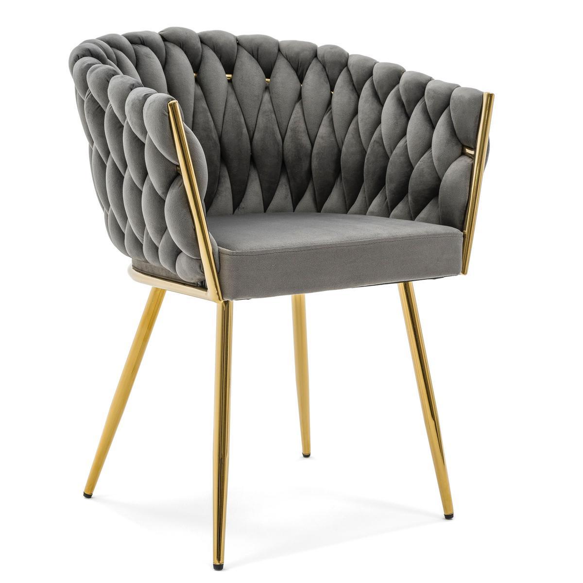 Krzesło tapicerowane z przeplatanym oparciem ROSA GOLD szare złote nóżki do jadalni salonu 0 Full Screen