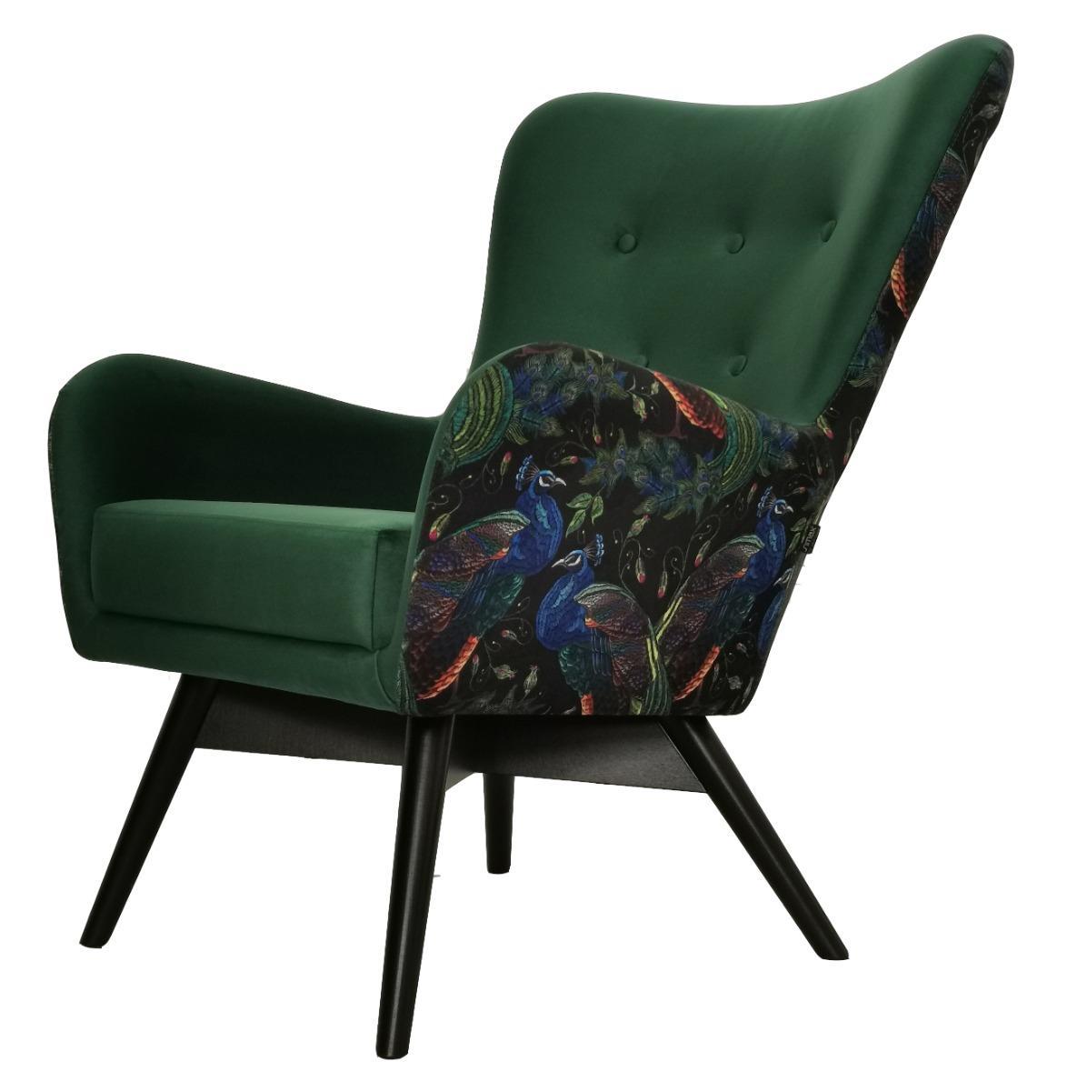 Fotel skandynawski GRANDE 80x93x80 cm zielony we wzory pawie do salonu nr. 1