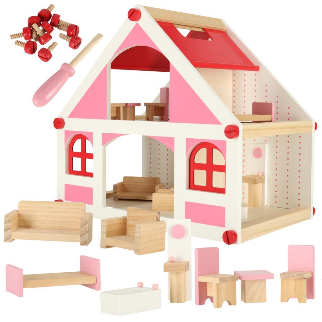 Domek dla lalek drewniany różowy montessori mebelki akcesoria dla dziewczynki 39x36x26 cm nr. 1