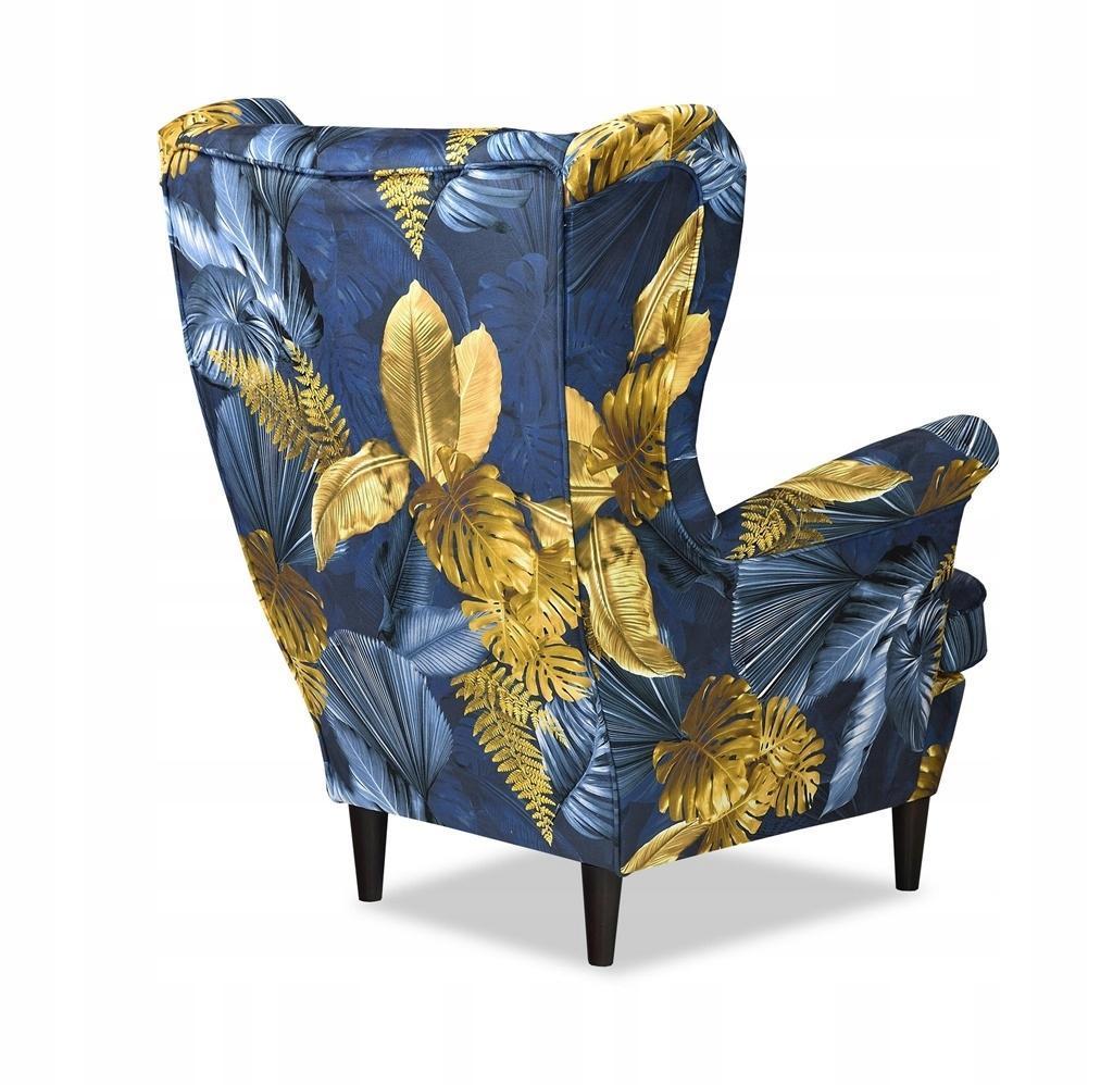 Fotel Uszak ARI 84x92x104 cm z podnóżkiem niebieski złote liście do salonu nr. 3