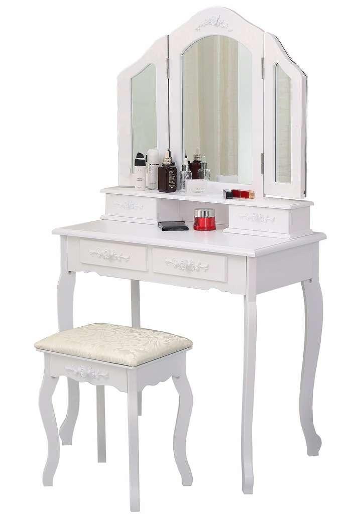Toaletka kosmetyczna z lustrem TL04 biała + taboret beżowy 0 Full Screen