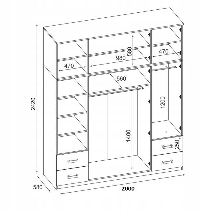 Duża szafa do sypialni z lustrem garderoba szuflady Sonoma jasna/Biel 200x242x60 nr. 3