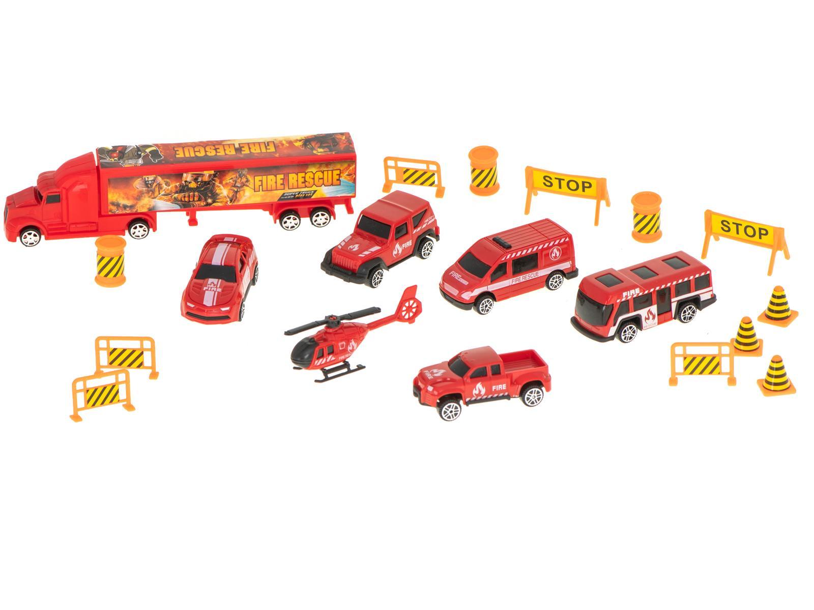 Transporter ciężarówka TIR wyrzutnia w walizce + 7 aut 13 luków straż pożarna zabawka dla dzieci 57x11x19,5cm  11 Full Screen