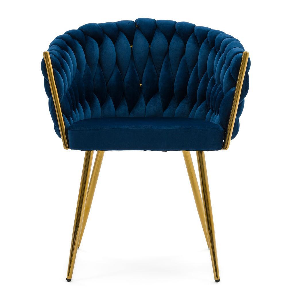Krzesło tapicerowane z przeplatanym oparciem ROSA GOLD niebieskie złote nóżki do jadalni salonu 1 Full Screen