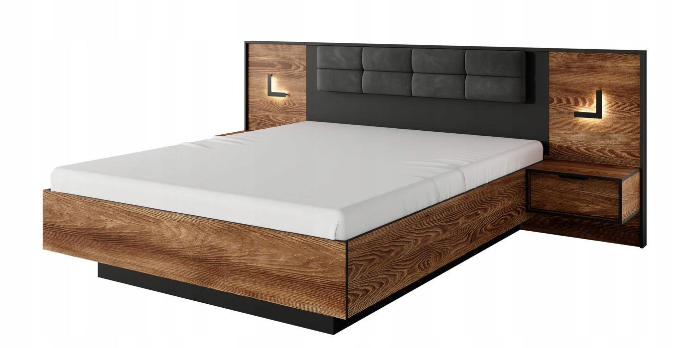 Łóżko 160x200 cm czarny tapicerowany zagłówek z pojemnikiem na pościel i szafkami i oświetleniem MILTON w zestawie do sypialni  nr. 3
