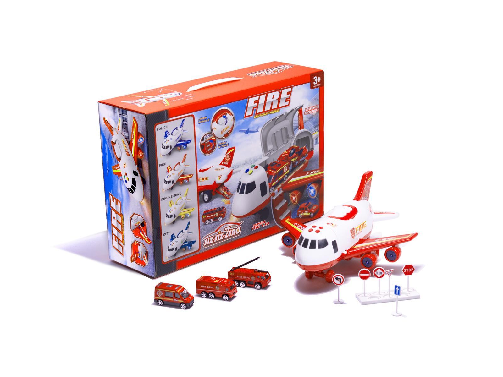 Transporter samolot + 3 pojazdy straż pożarna zabawka dla dzieci czerwona 41,5x31,5x14 cm nr. 2
