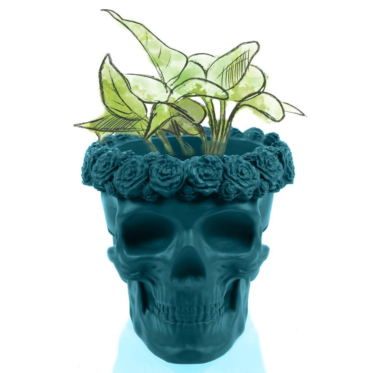 Donica Skull Flowers Dark Turquoise Poli  11 cm nr. 4