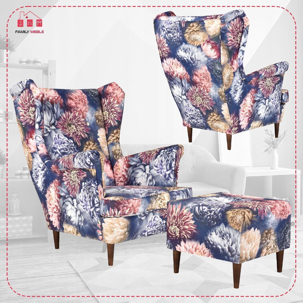 Fotel uszak z podnóżkiem pastelowe kwiaty kolorowy nr. 2