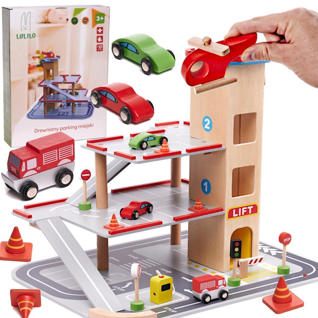 LULILO Parking drewniany BENINO piętrowy garaż miejski akcesoria zabawka dla dzieci 36x37x48cm nr. 1