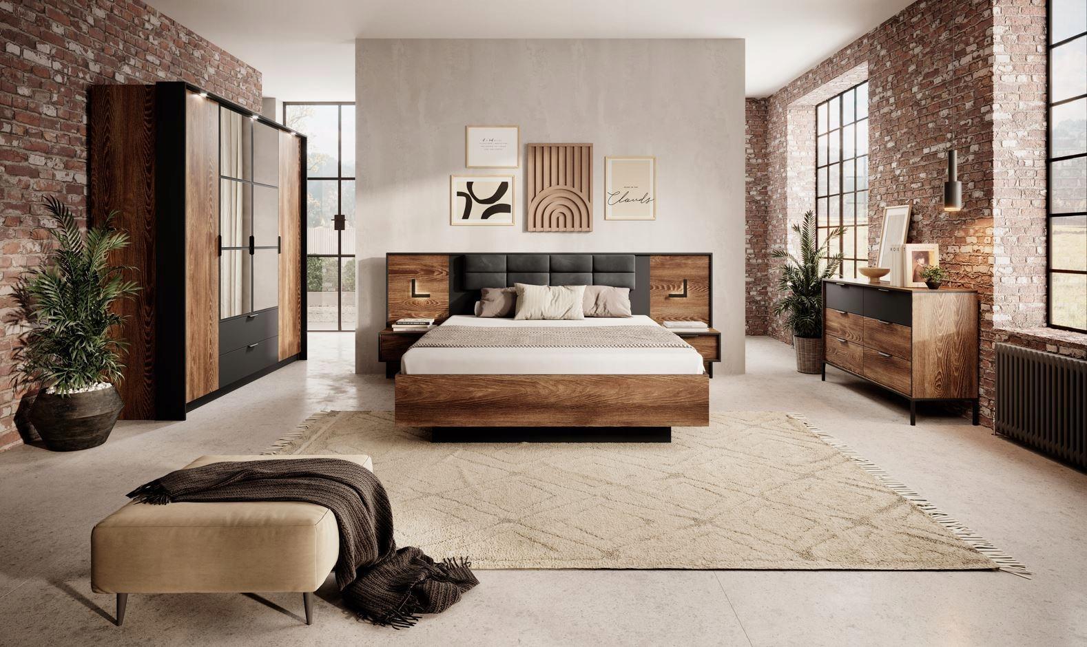 Łóżko 160x200 cm kasztan antracyt tapicerowany zagłówek z pojemnikiem na pościel w zestawie do sypialni  nr. 2
