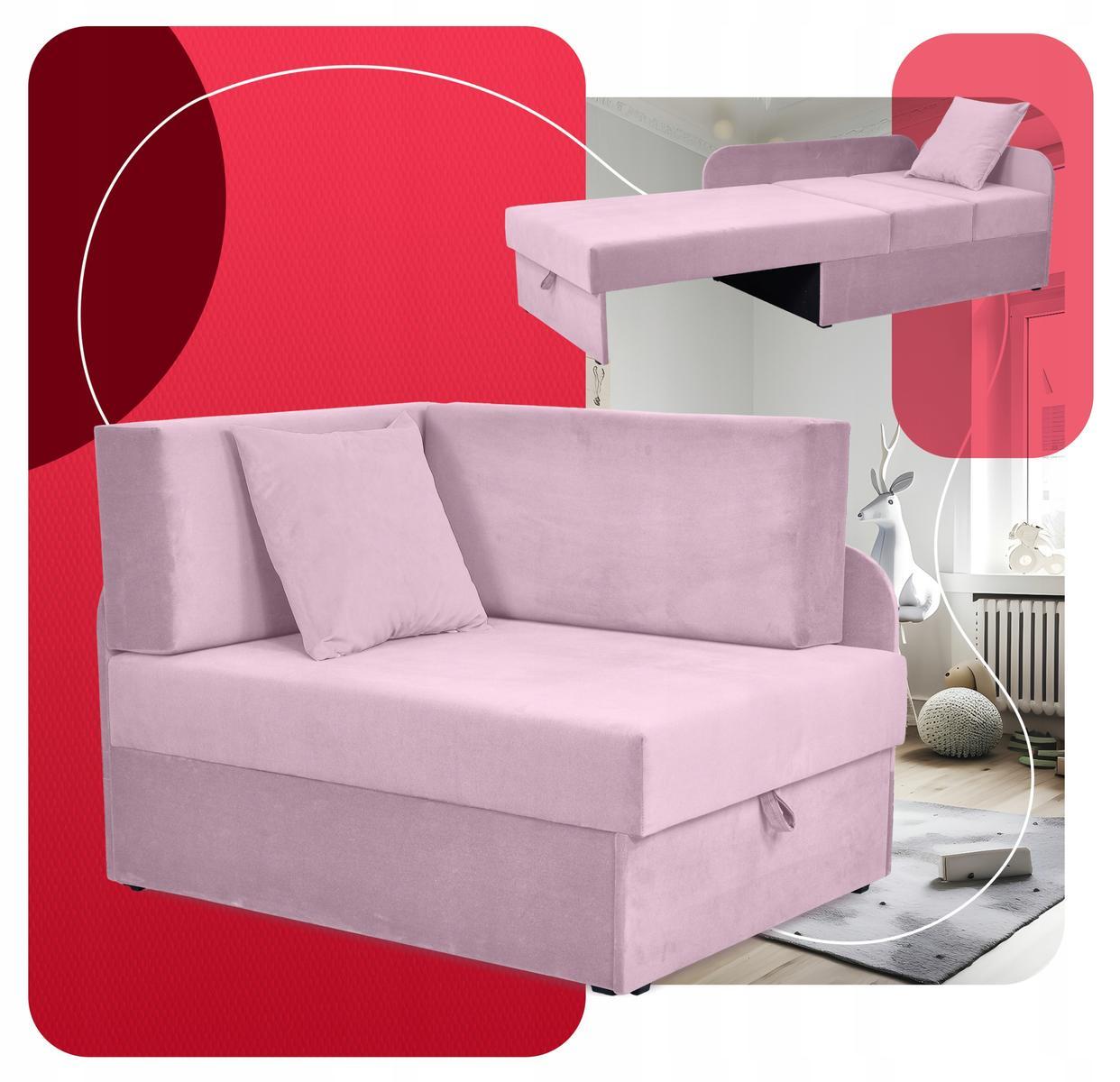 Sofa rozkładana DENIS 109x78 cm różowa z pojemnikiem na pościel narożnik tapczan kanapa dla dziecka 4 Full Screen