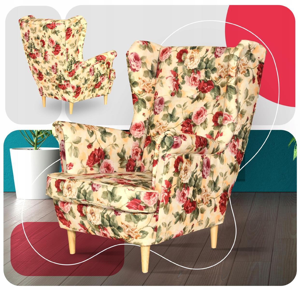 Fotel uszak 104x84 cm beżowy w kwiaty angielskie róże print skandynawski do salonu 6 Full Screen