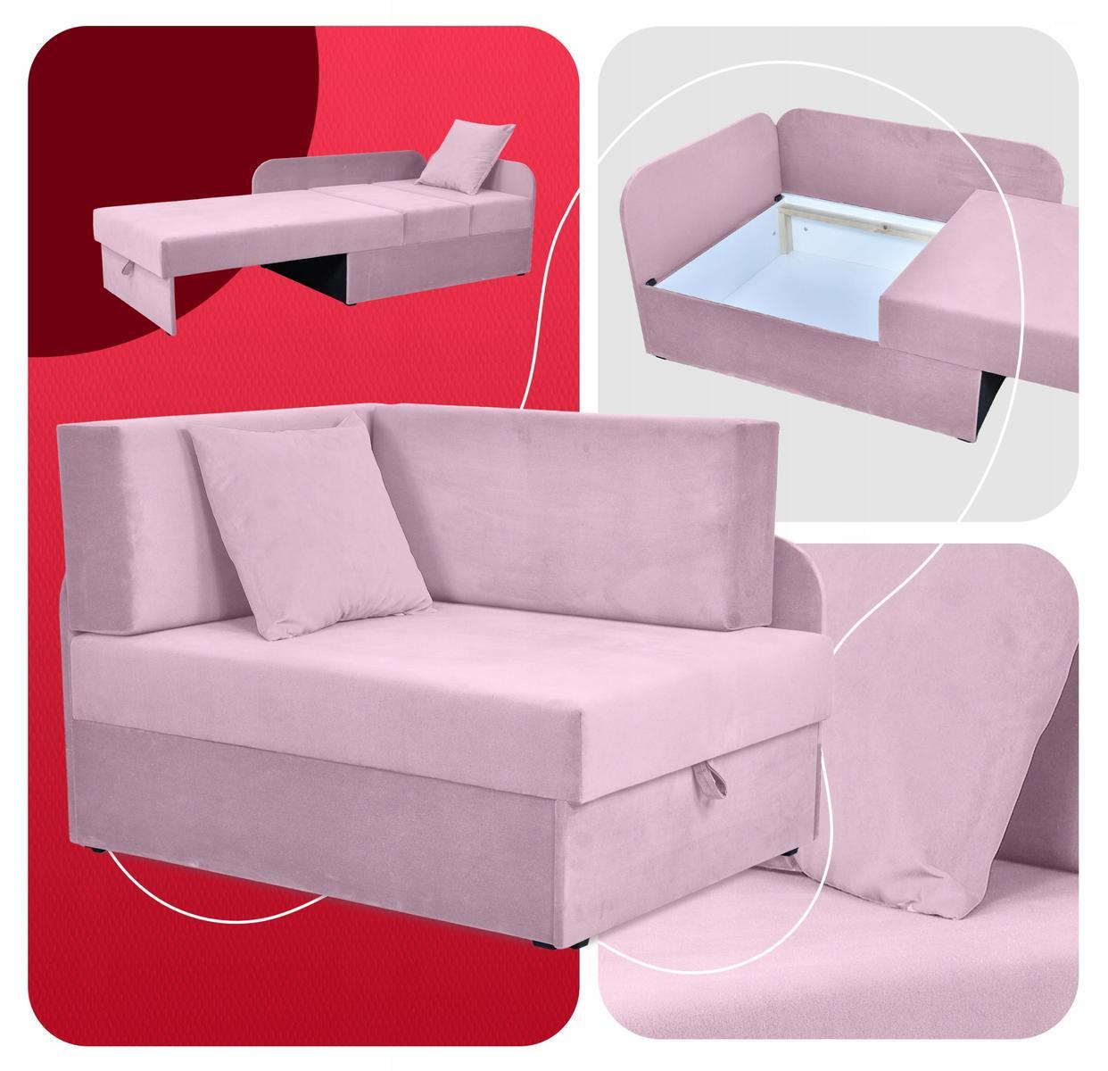 Sofa rozkładana DENIS 109x78 cm różowa z pojemnikiem na pościel narożnik tapczan kanapa dla dziecka 2 Full Screen
