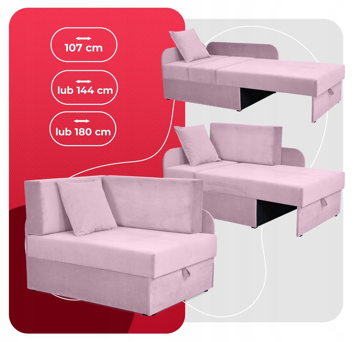 Sofa rozkładana DENIS 109x78 cm różowa z pojemnikiem na pościel narożnik tapczan kanapa dla dziecka 3 Full Screen