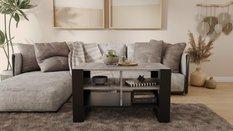 Ława Figa 100x53,6x50 cm beton czarny z pólkami elegancki stolik kawowy do salonu 