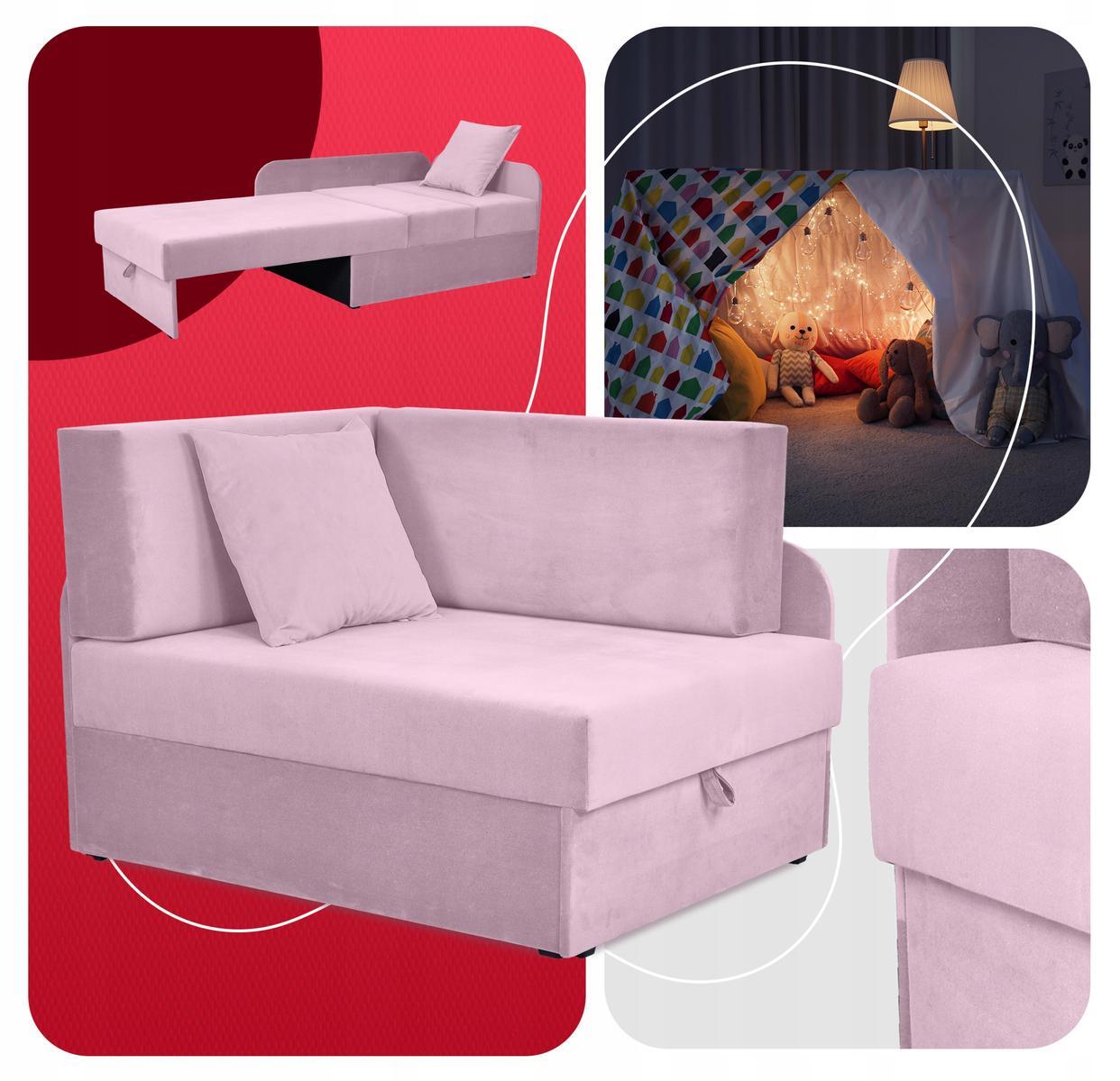Sofa rozkładana DENIS 109x78 cm różowa z pojemnikiem na pościel narożnik tapczan kanapa dla dziecka 5 Full Screen