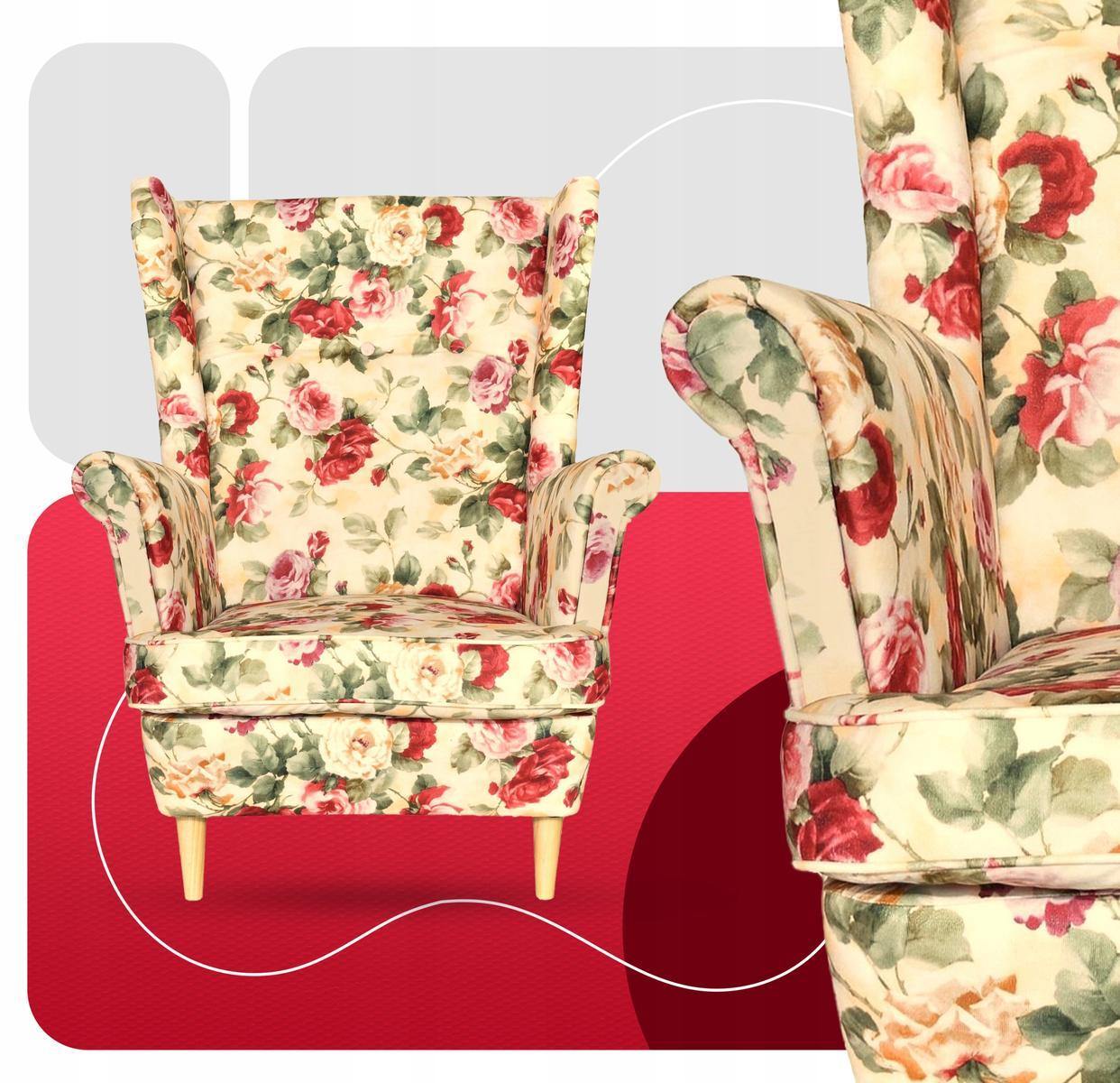 Fotel uszak 104x84 cm beżowy w kwiaty angielskie róże print skandynawski do salonu 2 Full Screen