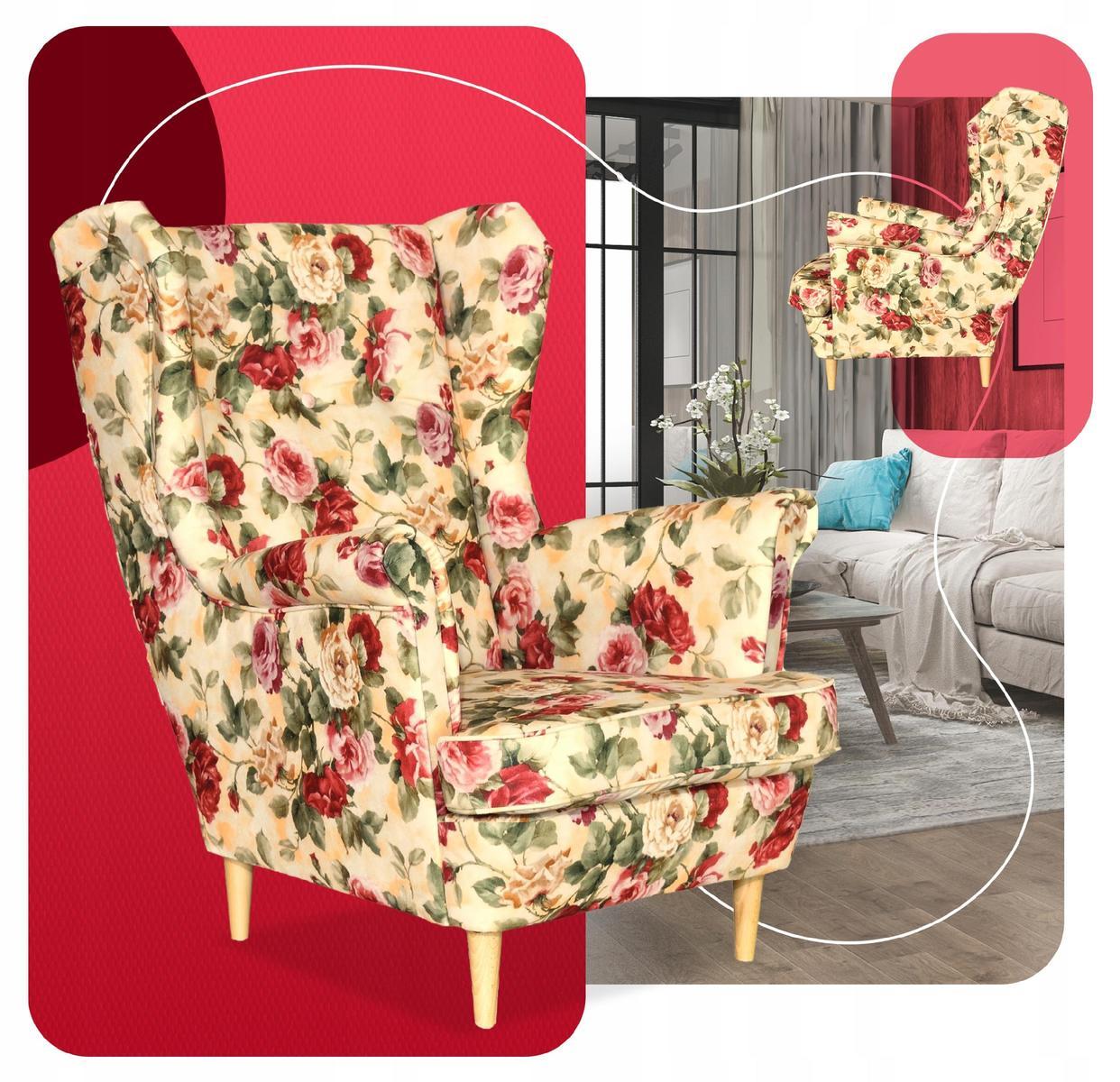 Fotel uszak 104x84 cm beżowy w kwiaty angielskie róże print skandynawski do salonu 4 Full Screen