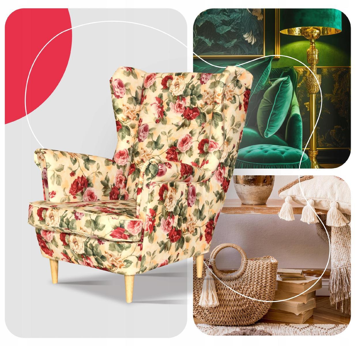 Fotel uszak 104x84 cm beżowy w kwiaty angielskie róże print skandynawski do salonu 5 Full Screen