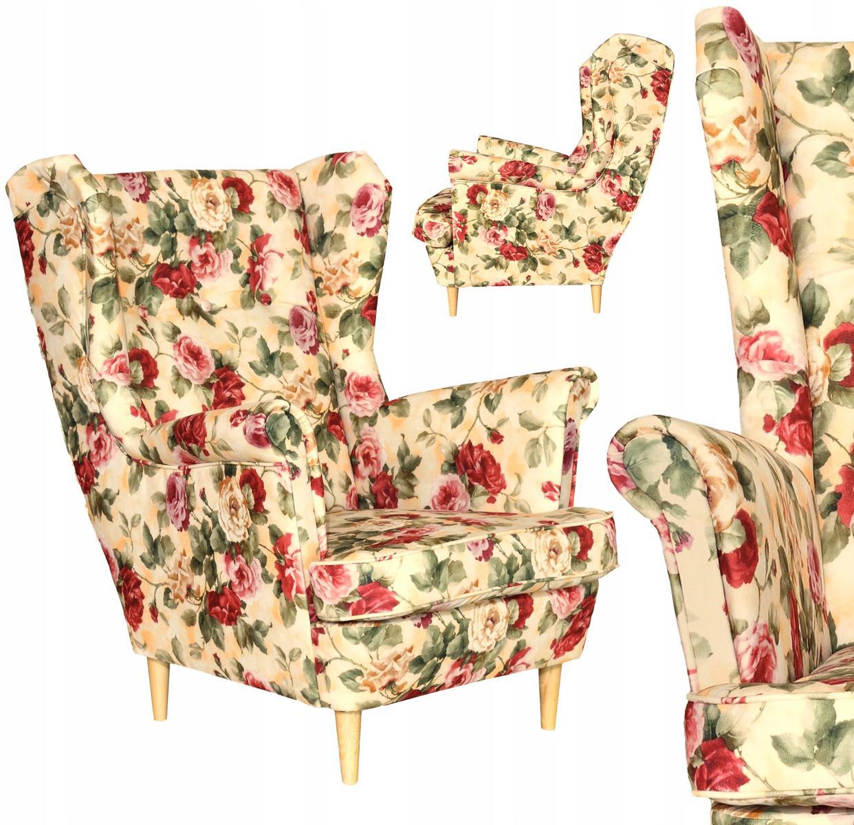 Fotel uszak 104x84 cm beżowy w kwiaty angielskie róże print skandynawski do salonu 0 Full Screen