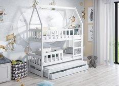 Łóżko piętrowe DOMEK drewno białe miejsce do spania dla 3 osób + materace sprężynowe 180x75 cm w zestawie do pokoju dziecka