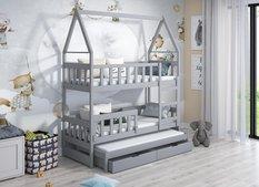 Łóżko piętrowe DOMEK drewno szare miejsce do spania dla 3 osób + materace sprężynowe 180x75 cm + barierka dolna do pokoju dziecka